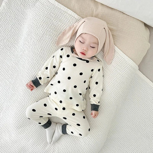 長袖パジャマ ベビーパジャマセット ドット水玉プリント長袖Tシャツ+ハイウエストパンツ【mh0007757】