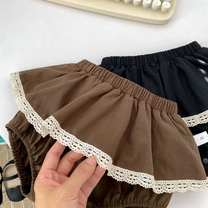 長袖セットアップ ベビートップス/パンツ リボン丸襟長袖Tシャツブラウス/ミニスカートドッキングブルマパンツ【mh0008559】