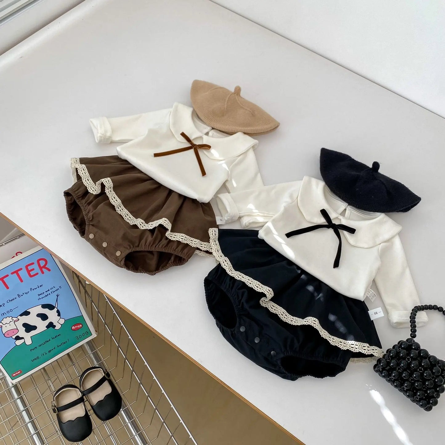 長袖セットアップ ベビートップス/パンツ リボン丸襟長袖Tシャツブラウス/ミニスカートドッキングブルマパンツ【mh0008559】