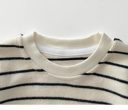 長袖セットアップ ベビートップス/ジャンプスーツ ボーダー長袖シンプルTシャツ/デニムノースリーブつなぎジャンプスーツ【mh0008605】