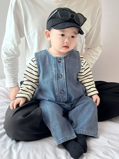 長袖セットアップ ベビートップス/ジャンプスーツ ボーダー長袖シンプルTシャツ/デニムノースリーブつなぎジャンプスーツ【mh0008605】