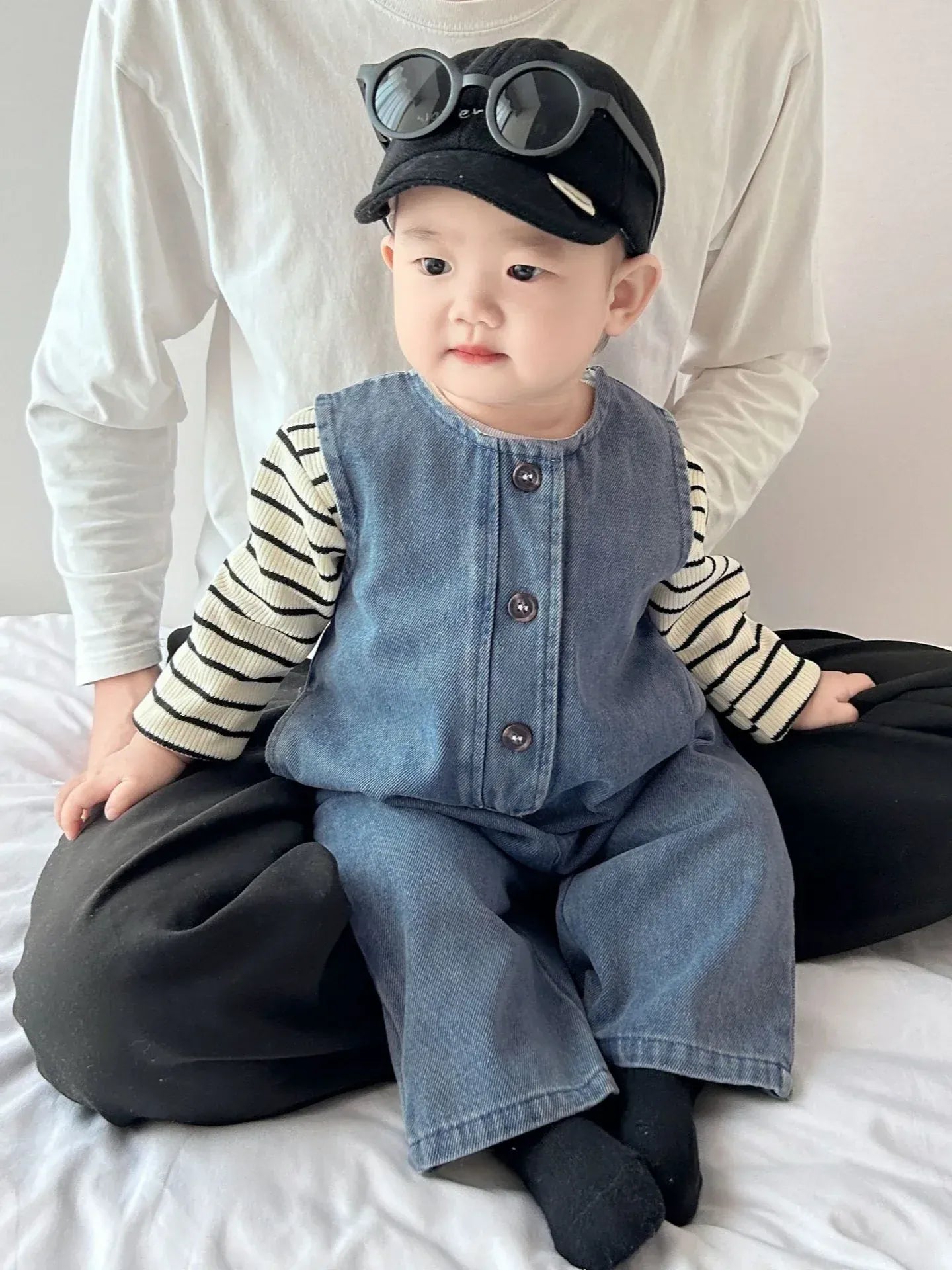 長袖セットアップ ベビートップス/ジャンプスーツ ボーダー長袖シンプルTシャツ/デニムノースリーブつなぎジャンプスーツ【mh0008605】