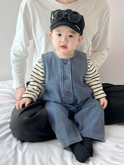 長袖セットアップ ベビートップス/ジャンプスーツ ボーダー長袖シンプルTシャツ/デニムノースリーブつなぎジャンプスーツ【mh0008605】