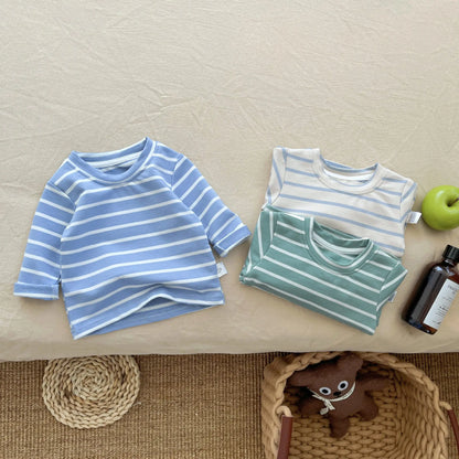 長袖セットアップ ベビートップス/サロペット ボーダー長袖Tシャツ/ニットサスペンダーパンツ【mh0008683】