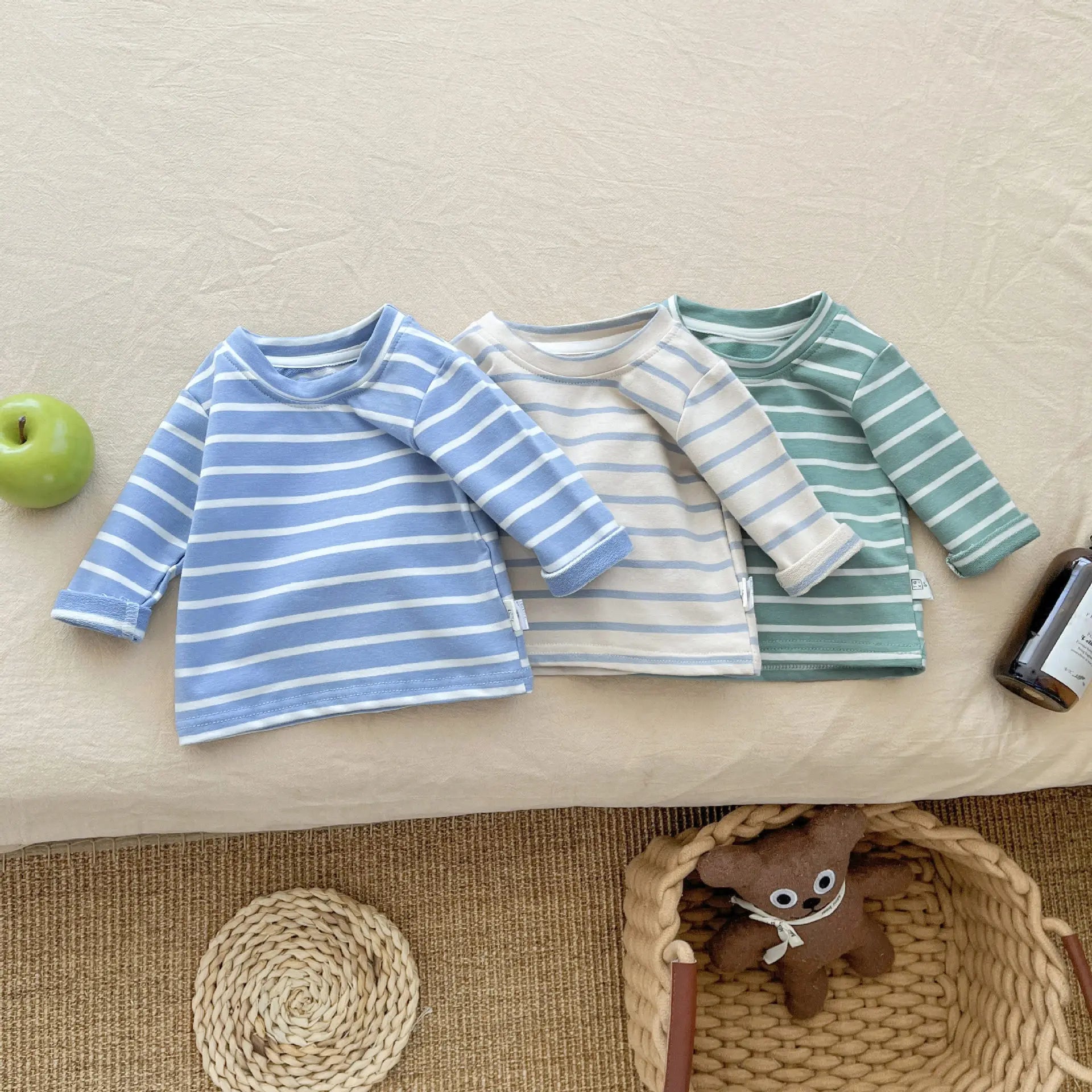 長袖セットアップ ベビートップス/サロペット ボーダー長袖Tシャツ/ニットサスペンダーパンツ【mh0008683】