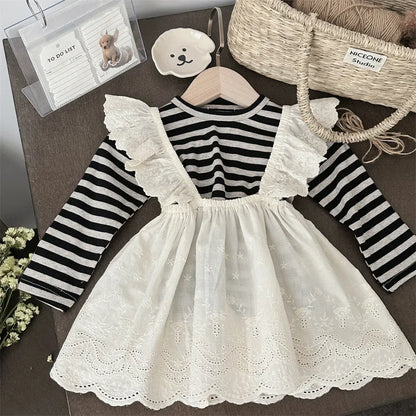 長袖セットアップ ベビートップス/スカート ボーダー長袖Tシャツ/レースフリルサスペンダースカート【mh0008836】