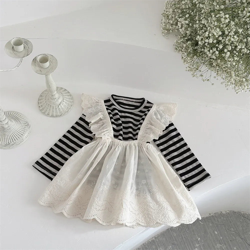 長袖セットアップ ベビートップス/スカート ボーダー長袖Tシャツ/レースフリルサスペンダースカート【mh0008836】