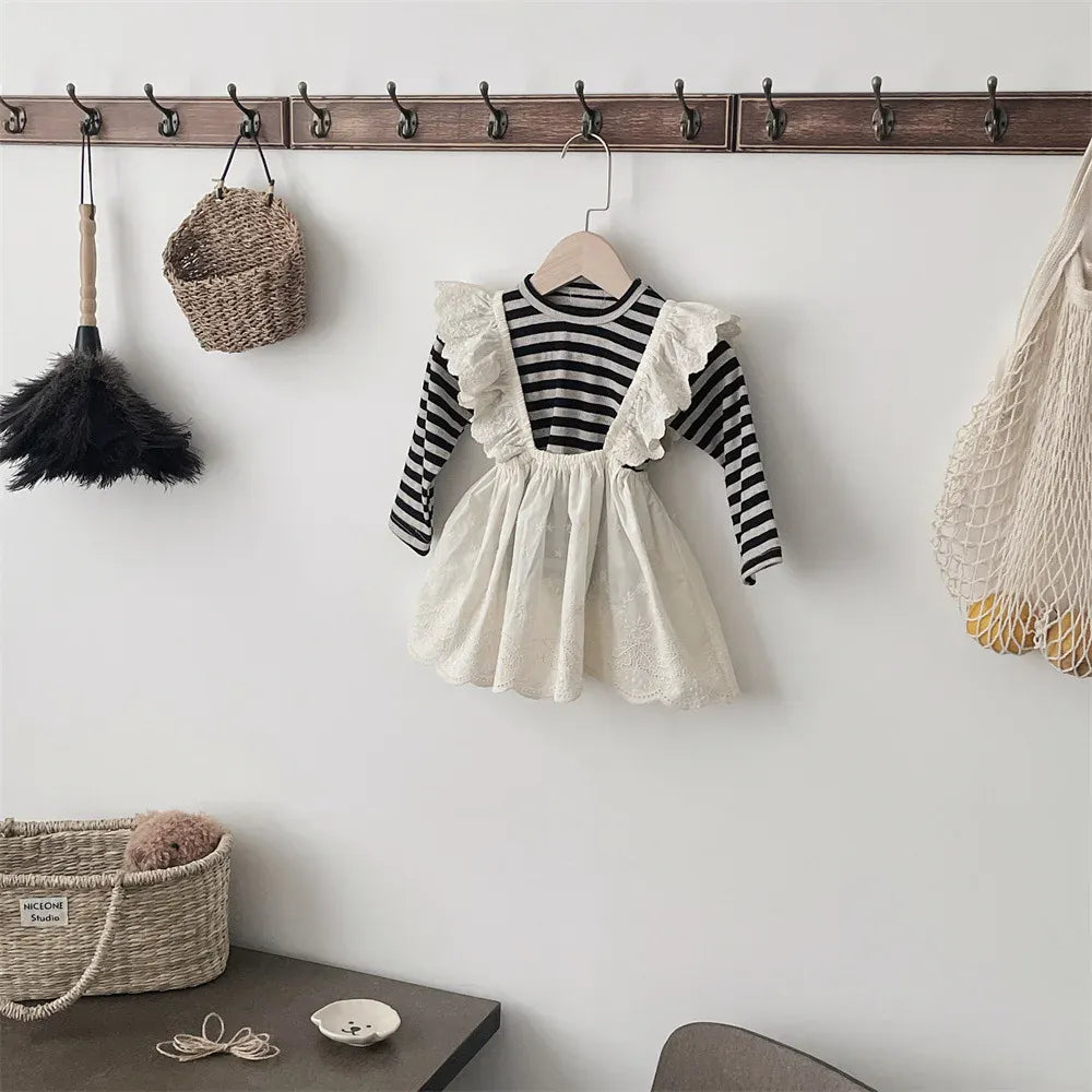 長袖セットアップ ベビートップス/スカート ボーダー長袖Tシャツ/レースフリルサスペンダースカート【mh0008836】