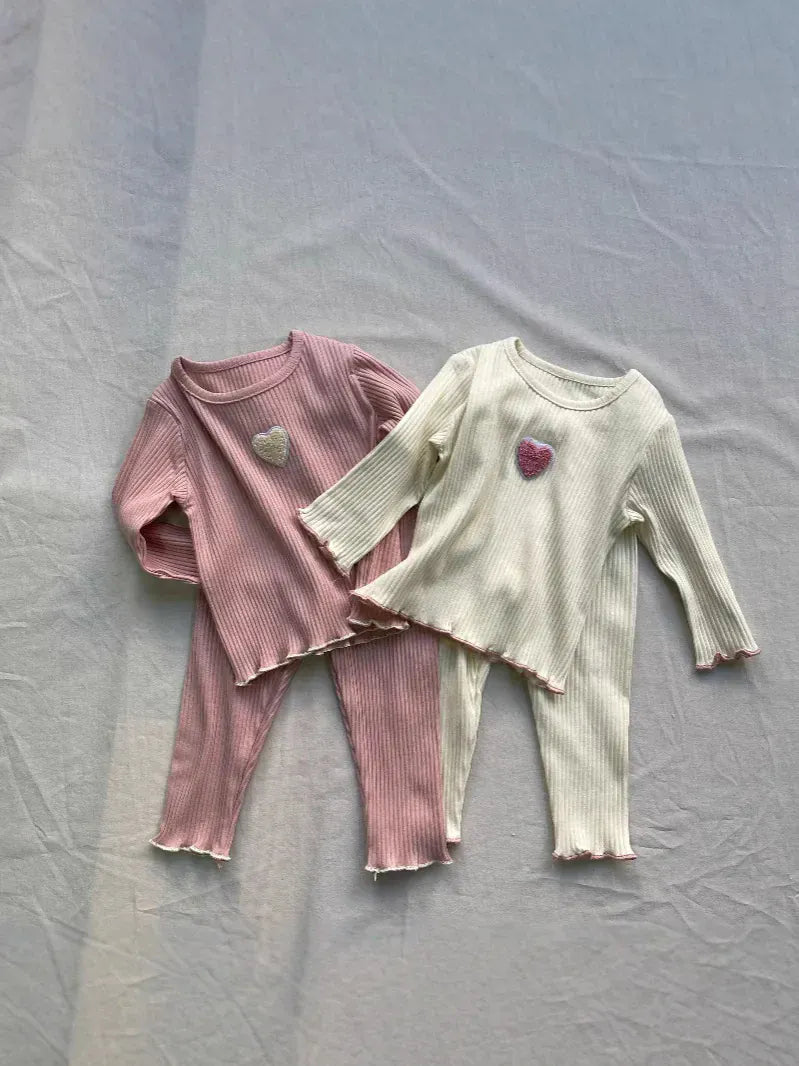 長袖パジャマ ベビーパジャマセット ハート長袖リブTシャツ+ロングパンツ【mh0008840】