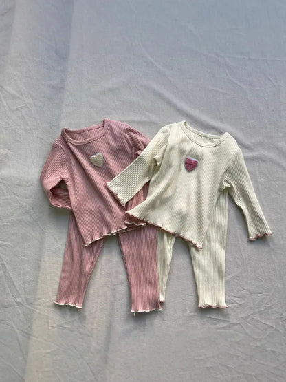 長袖パジャマ ベビーパジャマセット ハート長袖リブTシャツ+ロングパンツ【mh0008840】