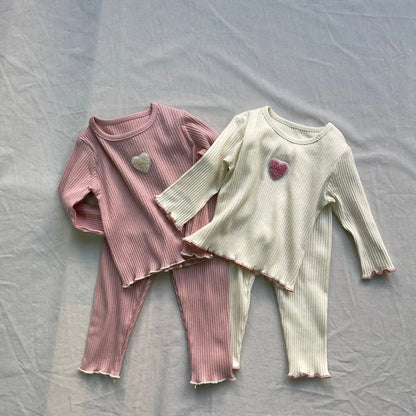 長袖パジャマ ベビーパジャマセット ハート長袖リブTシャツ+ロングパンツ【mh0008840】