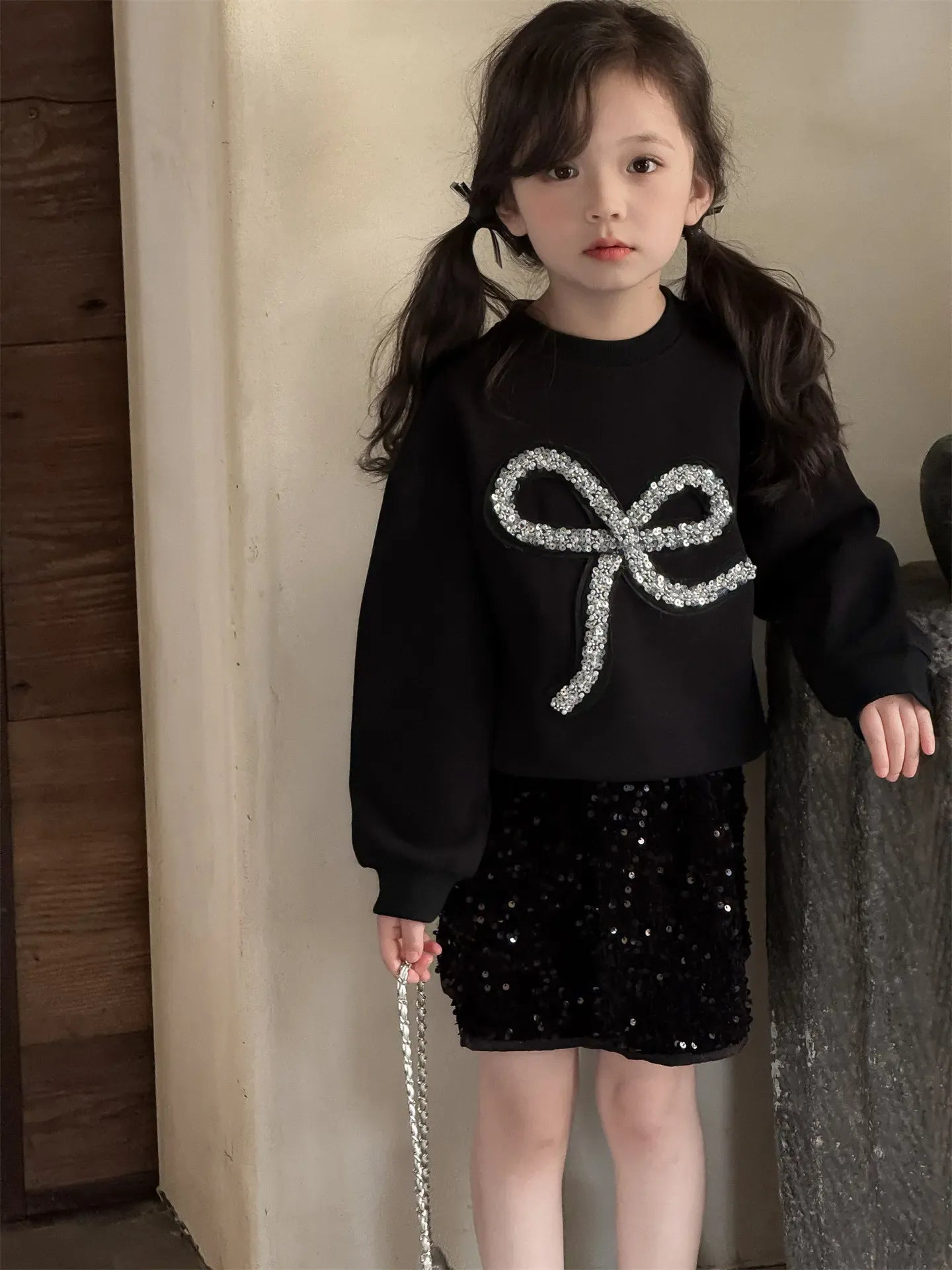 長袖セットアップ キッズトップス/スカート スパンコールリボン長袖Tシャツ/キラキラスパンコールスカート【mh0008883】