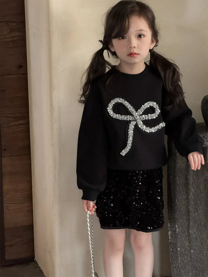 長袖セットアップ キッズトップス/スカート スパンコールリボン長袖Tシャツ/キラキラスパンコールスカート【mh0008883】