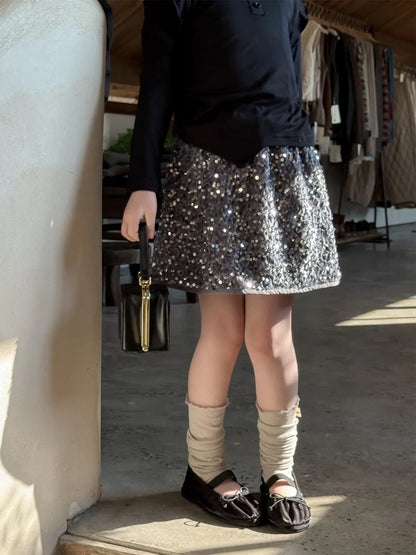 長袖セットアップ キッズトップス/スカート スパンコールリボン長袖Tシャツ/キラキラスパンコールスカート【mh0008883】