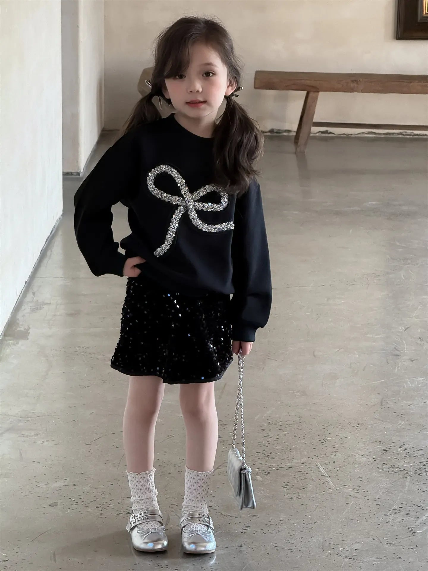 長袖セットアップ キッズトップス/スカート スパンコールリボン長袖Tシャツ/キラキラスパンコールスカート【mh0008883】