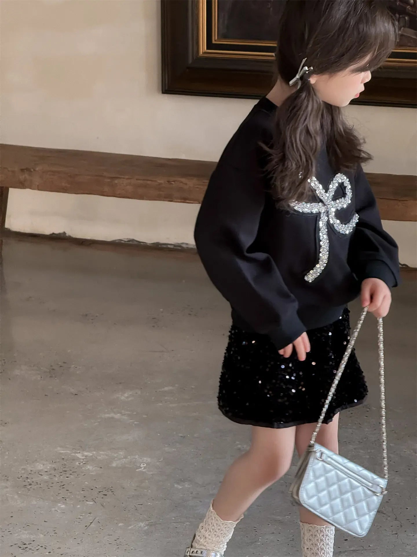 長袖セットアップ キッズトップス/スカート スパンコールリボン長袖Tシャツ/キラキラスパンコールスカート【mh0008883】