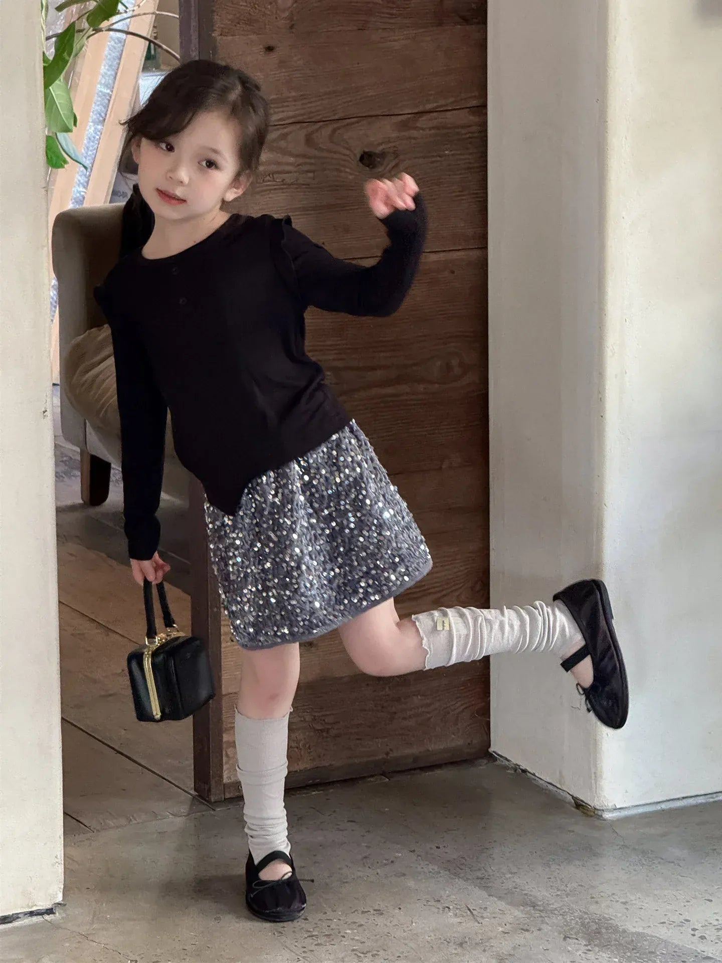 長袖セットアップ キッズトップス/スカート スパンコールリボン長袖Tシャツ/キラキラスパンコールスカート【mh0008883】