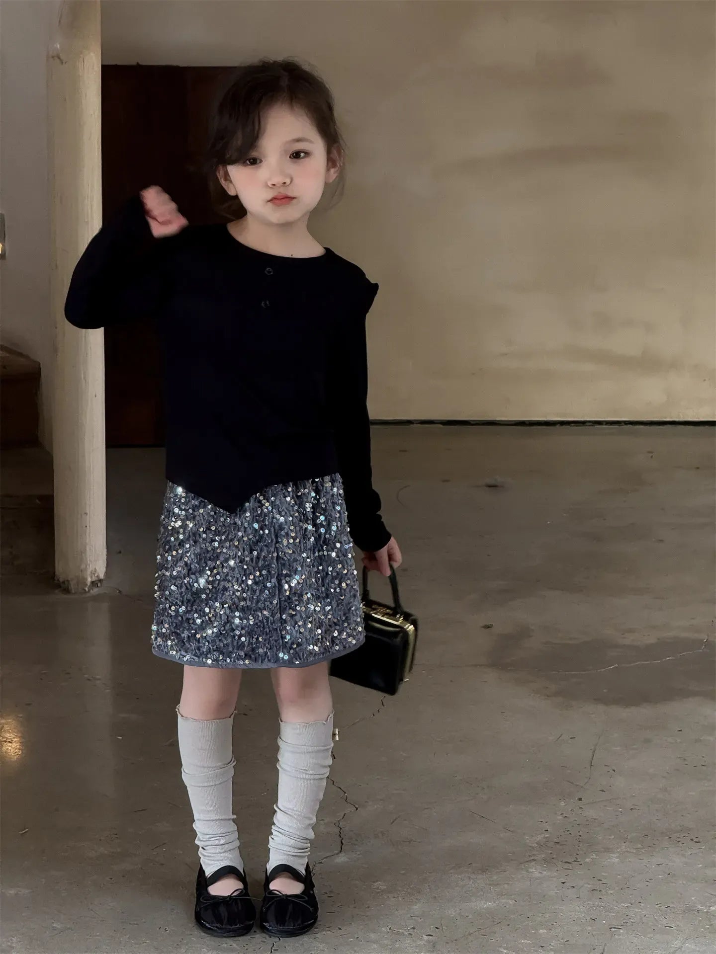 長袖セットアップ キッズトップス/スカート スパンコールリボン長袖Tシャツ/キラキラスパンコールスカート【mh0008883】
