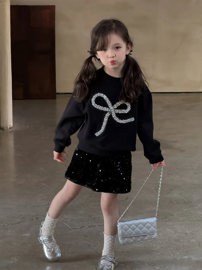 長袖セットアップ キッズトップス/スカート スパンコールリボン長袖Tシャツ/キラキラスパンコールスカート【mh0008883】