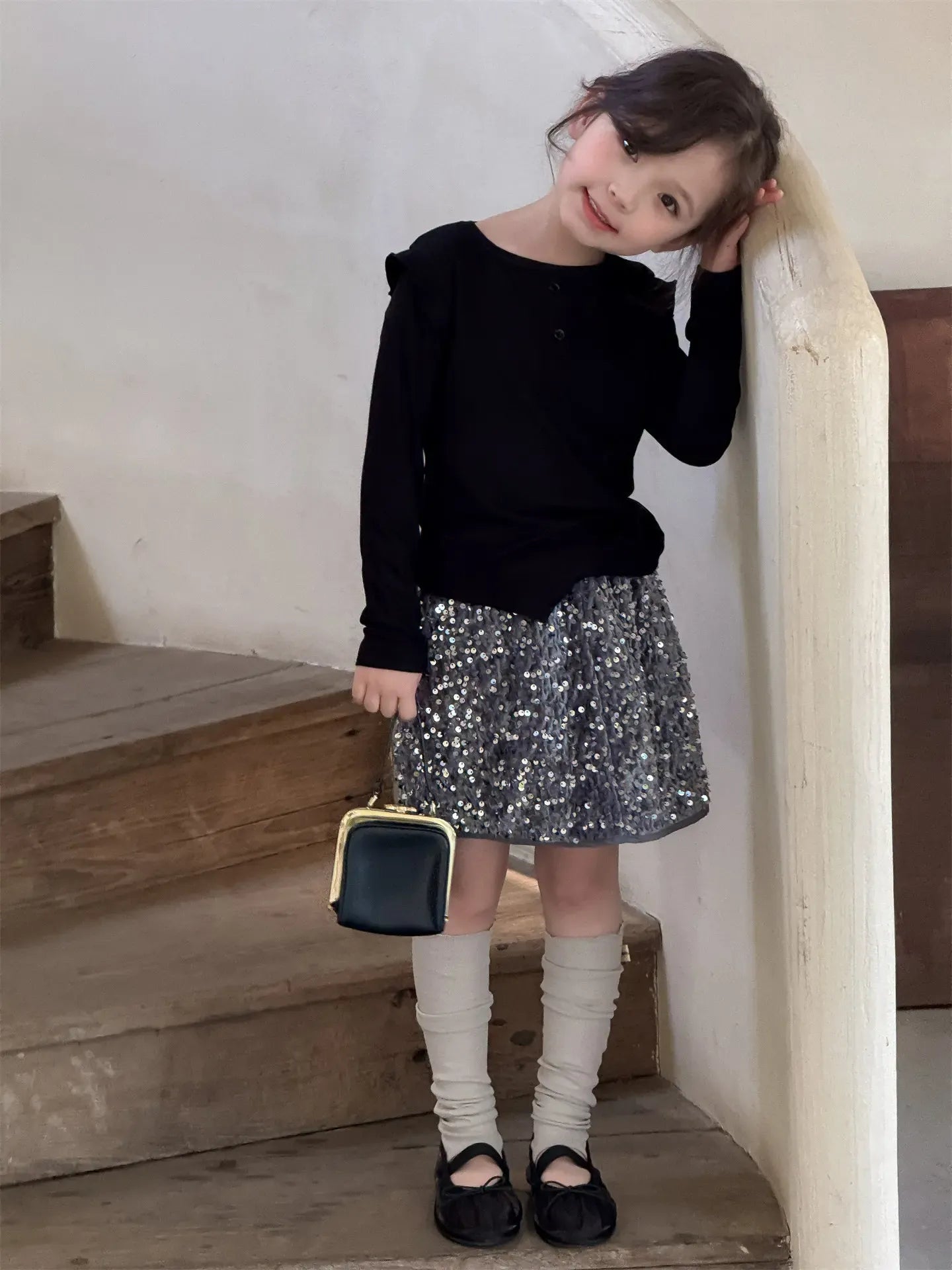 長袖セットアップ キッズトップス/スカート スパンコールリボン長袖Tシャツ/キラキラスパンコールスカート【mh0008883】