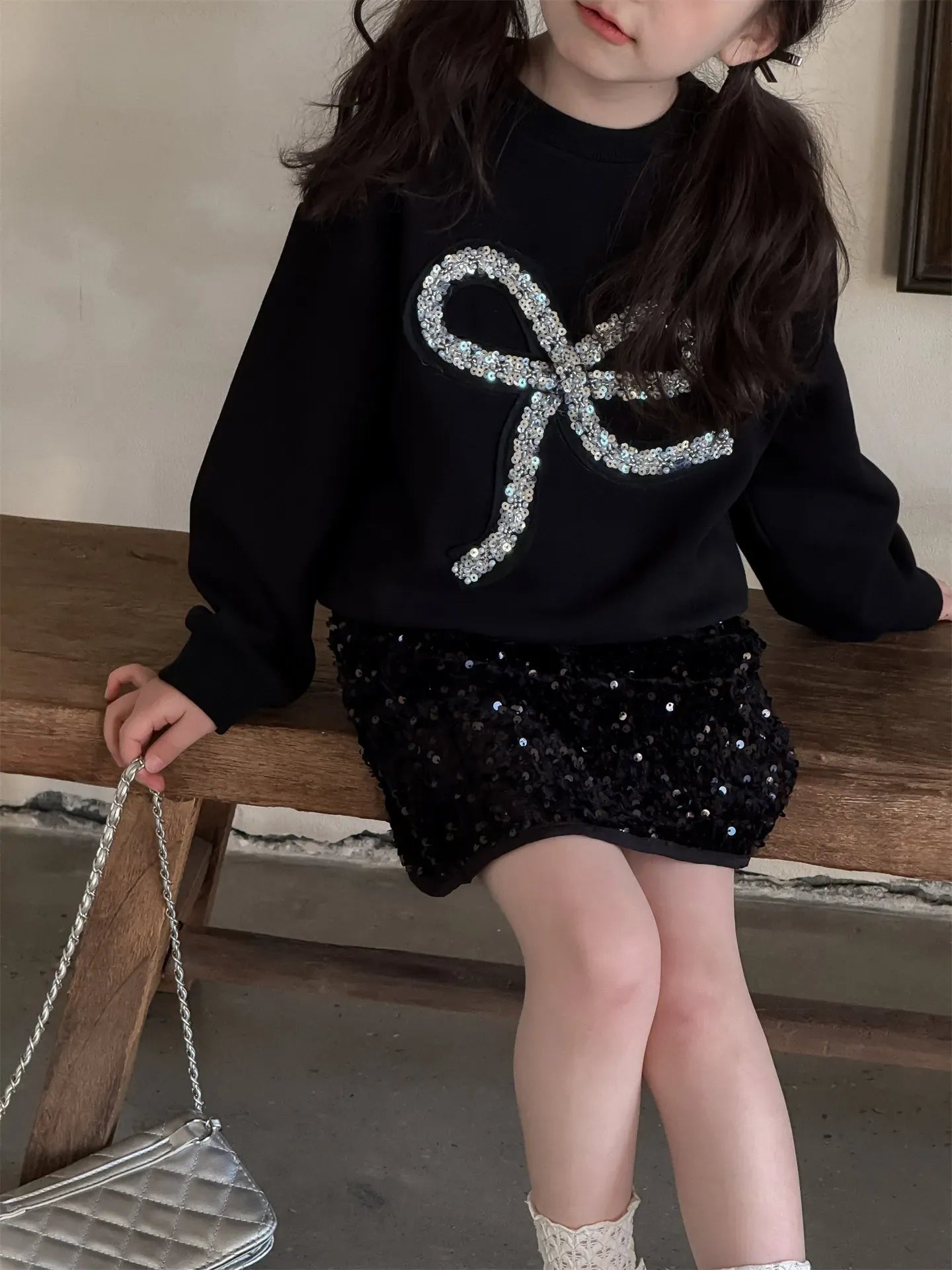 長袖セットアップ キッズトップス/スカート スパンコールリボン長袖Tシャツ/キラキラスパンコールスカート【mh0008883】