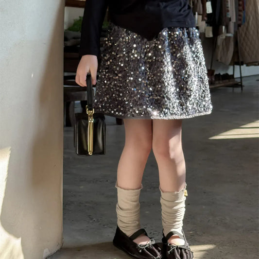 長袖セットアップ キッズトップス/スカート スパンコールリボン長袖Tシャツ/キラキラスパンコールスカート【mh0008883】