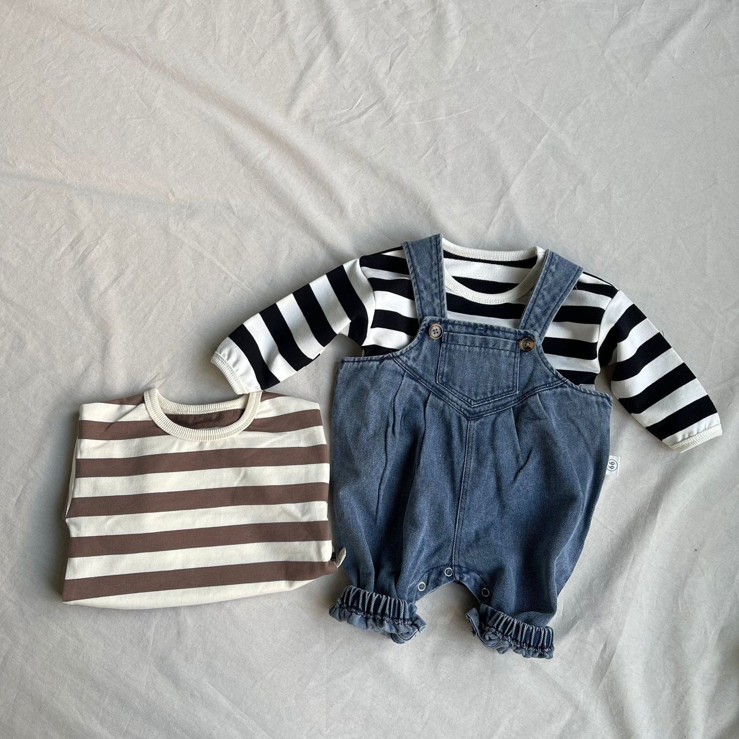 長袖セットアップ ベビートップス/オーバーオール ボーダー長袖Tシャツ/デニムサスペンダーパンツ【mh0009105】
