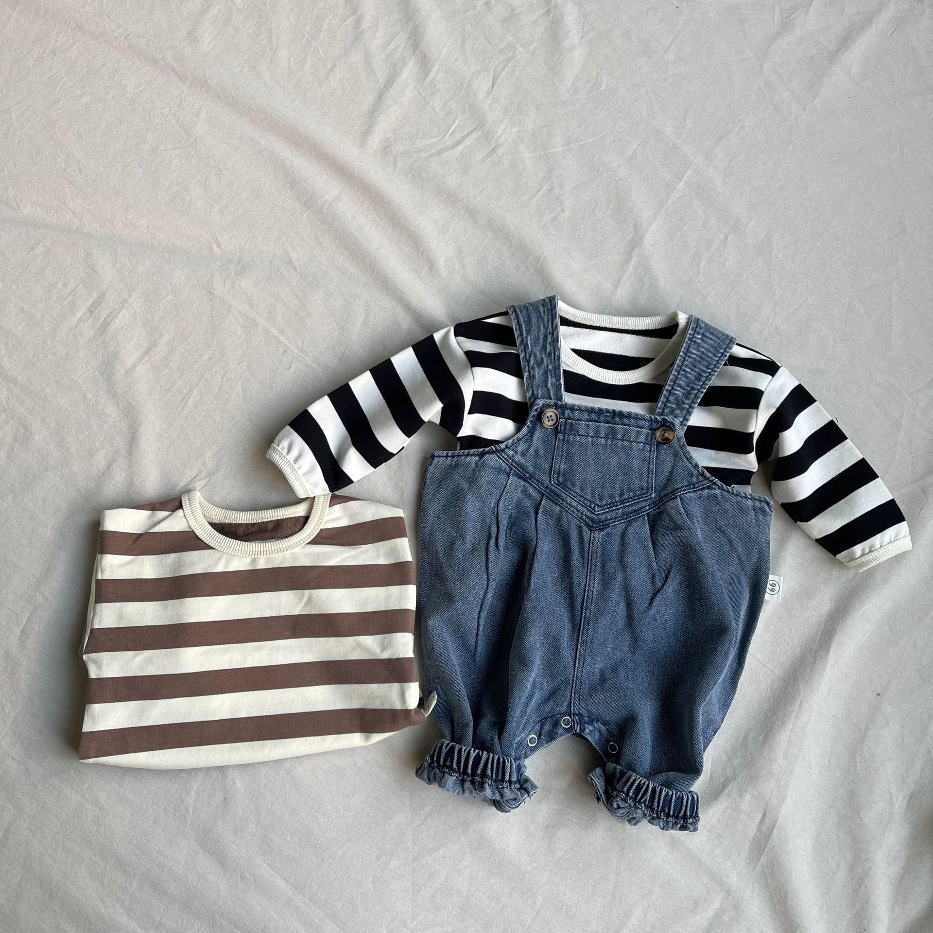 長袖セットアップ ベビートップス/オーバーオール ボーダー長袖Tシャツ/デニムサスペンダーパンツ【mh0009105】