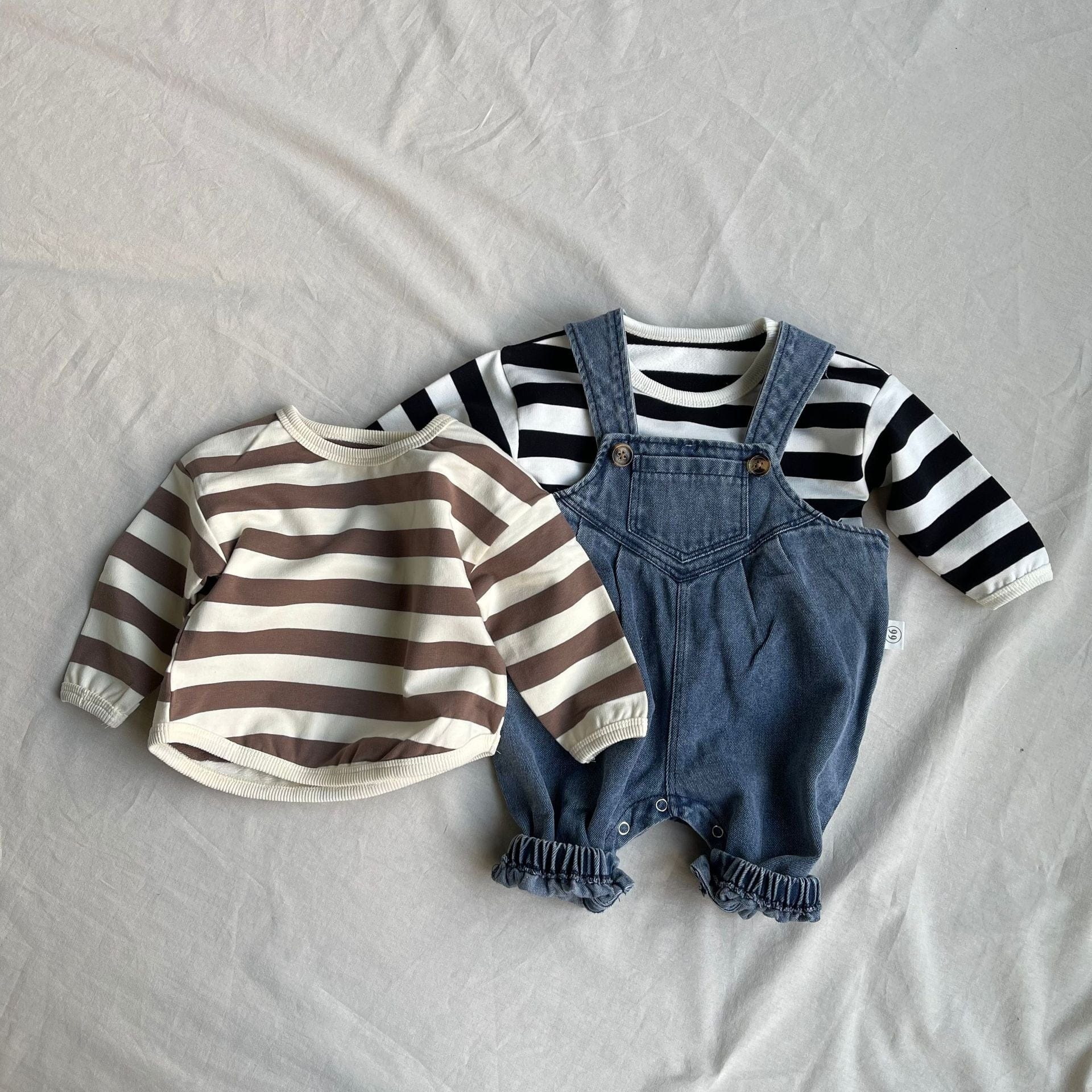 長袖セットアップ ベビートップス/オーバーオール ボーダー長袖Tシャツ/デニムサスペンダーパンツ【mh0009105】
