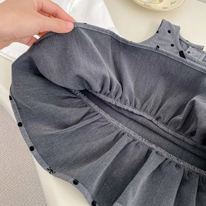 長袖セットアップ ベビーキッズトップス/ワンピース 丸襟長袖Tシャツブラウス/水玉ドットノースリーブワンピース【mh0009195】