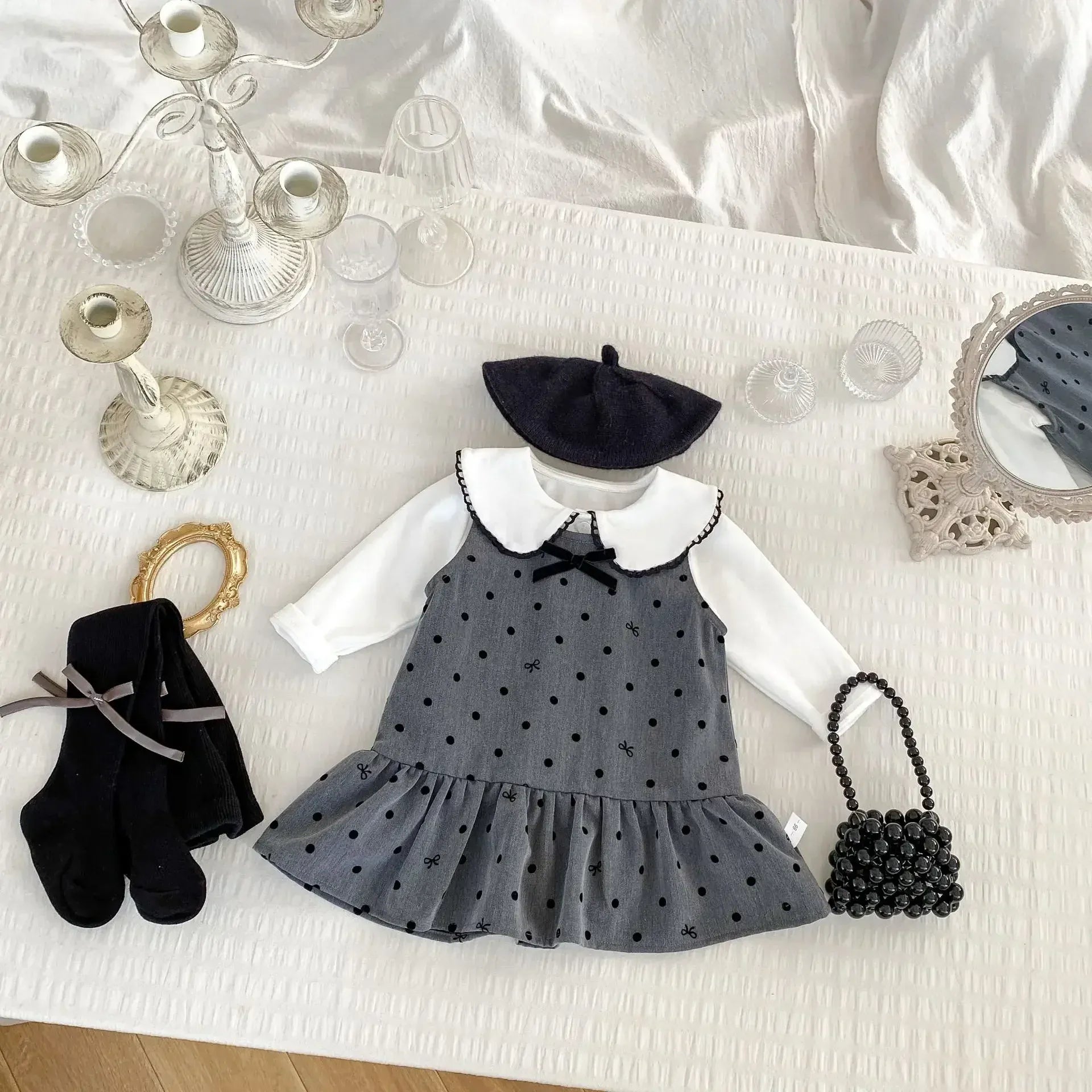 長袖セットアップ ベビーキッズトップス/ワンピース 丸襟長袖Tシャツブラウス/水玉ドットノースリーブワンピース【mh0009195】