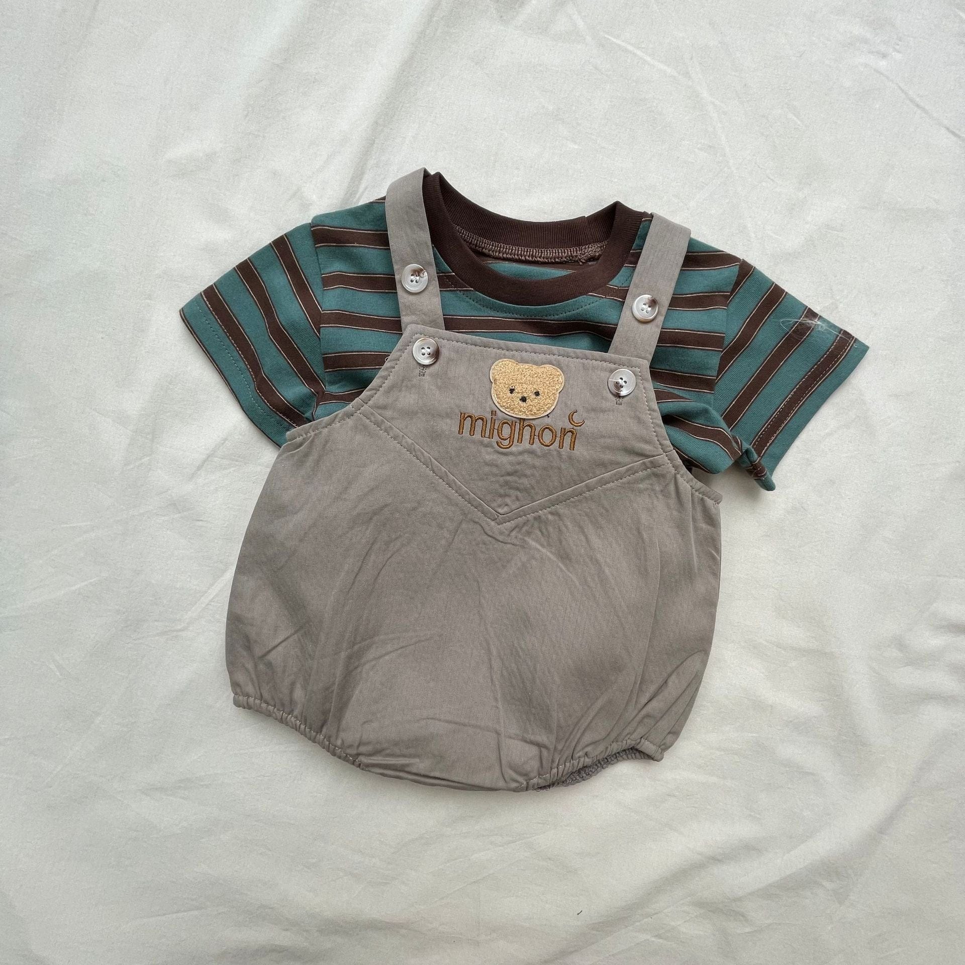 半袖セットアップ ボーダー半袖Tシャツ/ベアくまサスペンダーロンパース【mh0009425】