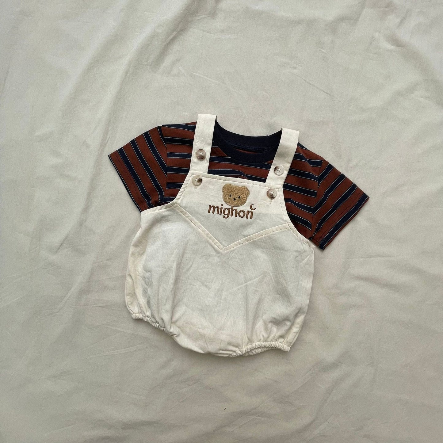 半袖セットアップ ボーダー半袖Tシャツ/ベアくまサスペンダーロンパース【mh0009425】