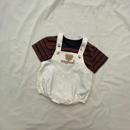 半袖セットアップ ボーダー半袖Tシャツ/ベアくまサスペンダーロンパース【mh0009425】