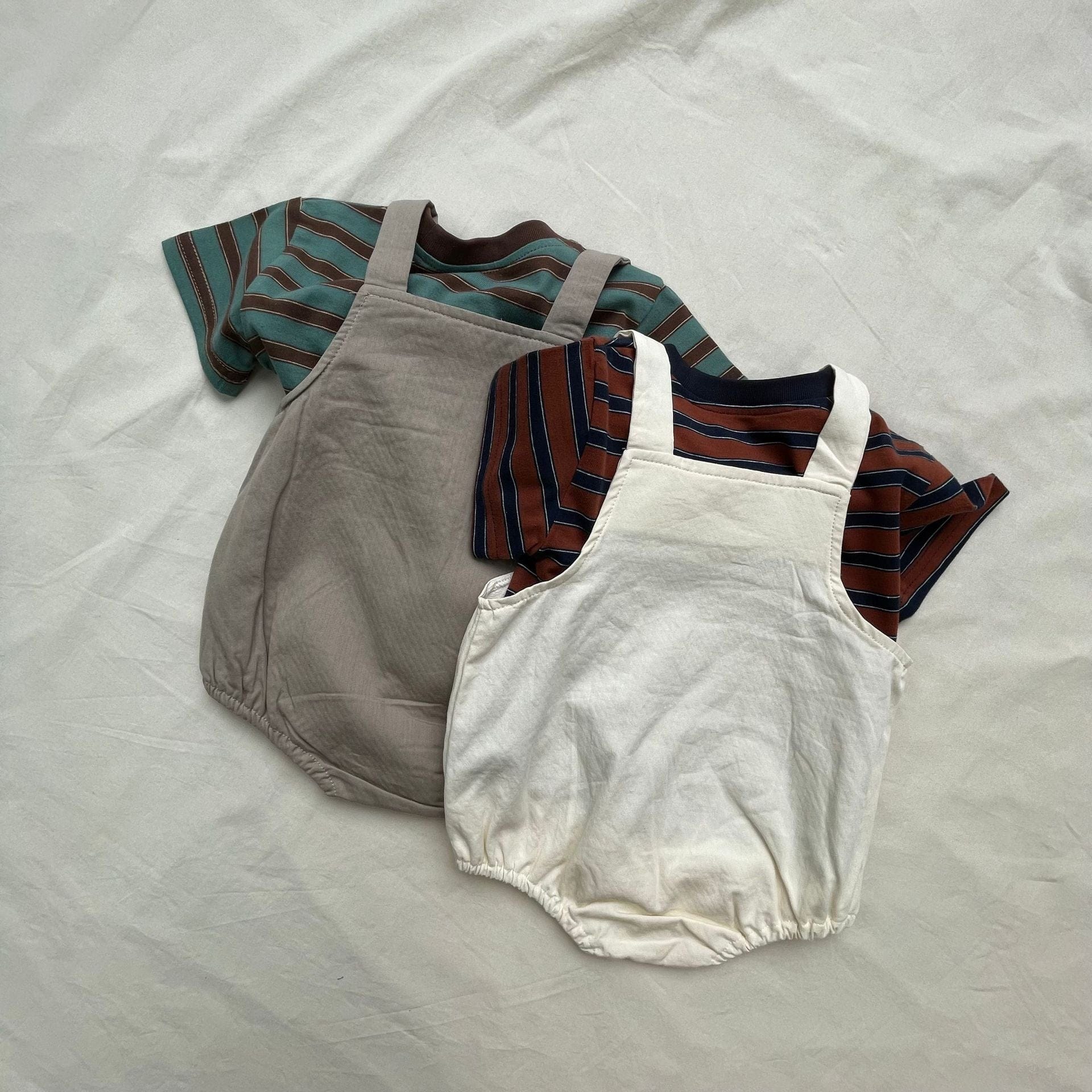 半袖セットアップ ボーダー半袖Tシャツ/ベアくまサスペンダーロンパース【mh0009425】