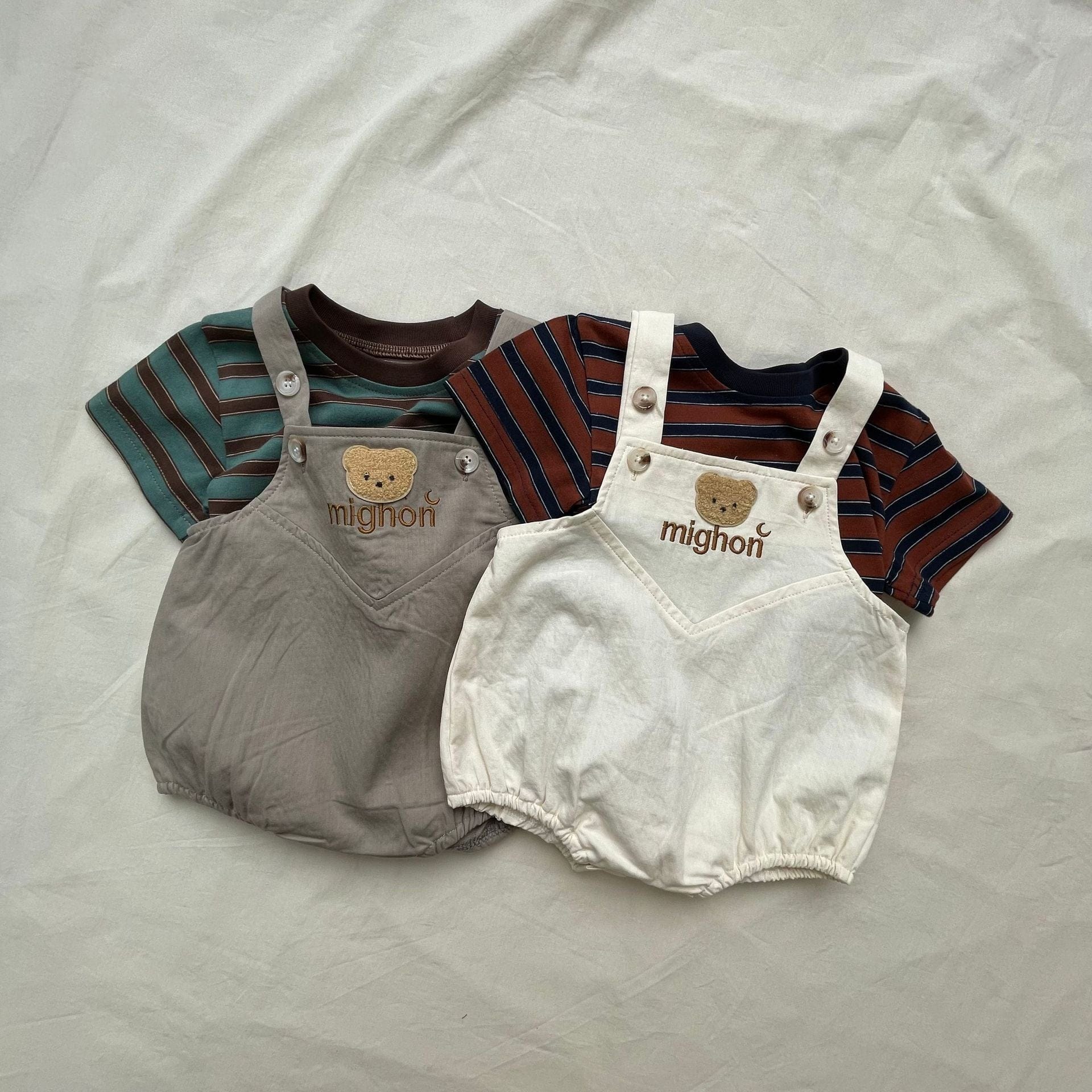 半袖セットアップ ボーダー半袖Tシャツ/ベアくまサスペンダーロンパース【mh0009425】