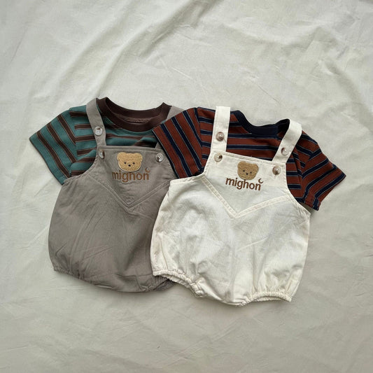 半袖セットアップ ボーダー半袖Tシャツ/ベアくまサスペンダーロンパース【mh0009425】