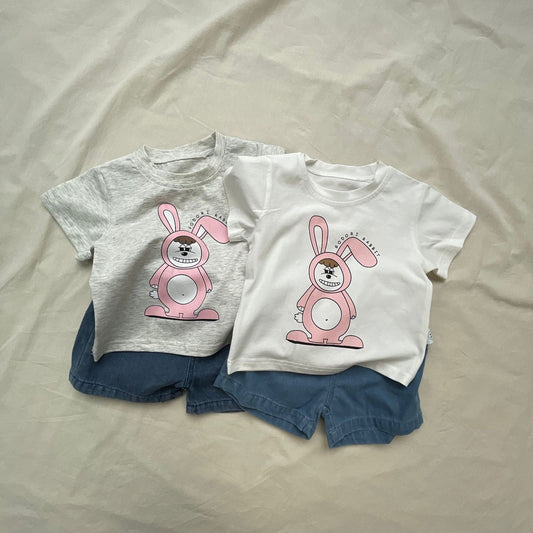 半袖セットアップ うさぎバニープリント半袖Tシャツ/デニムショートパンツ【mh0009446】