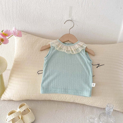 タンクトップ・キャミソール・ノースリーブトップス ラッフル襟ノースリーブTシャツ【mh0010342】