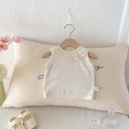 タンクトップ・キャミソール・ノースリーブトップス ラッフル襟ノースリーブTシャツ【mh0010342】