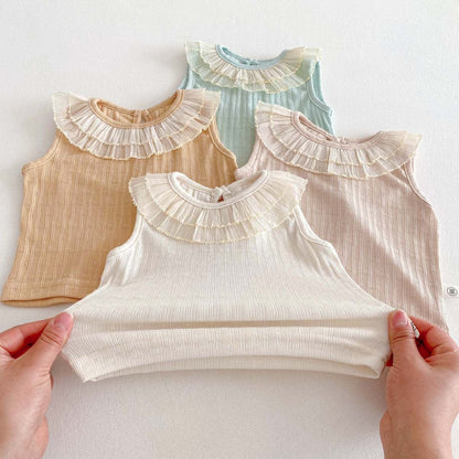 タンクトップ・キャミソール・ノースリーブトップス ラッフル襟ノースリーブTシャツ【mh0010342】