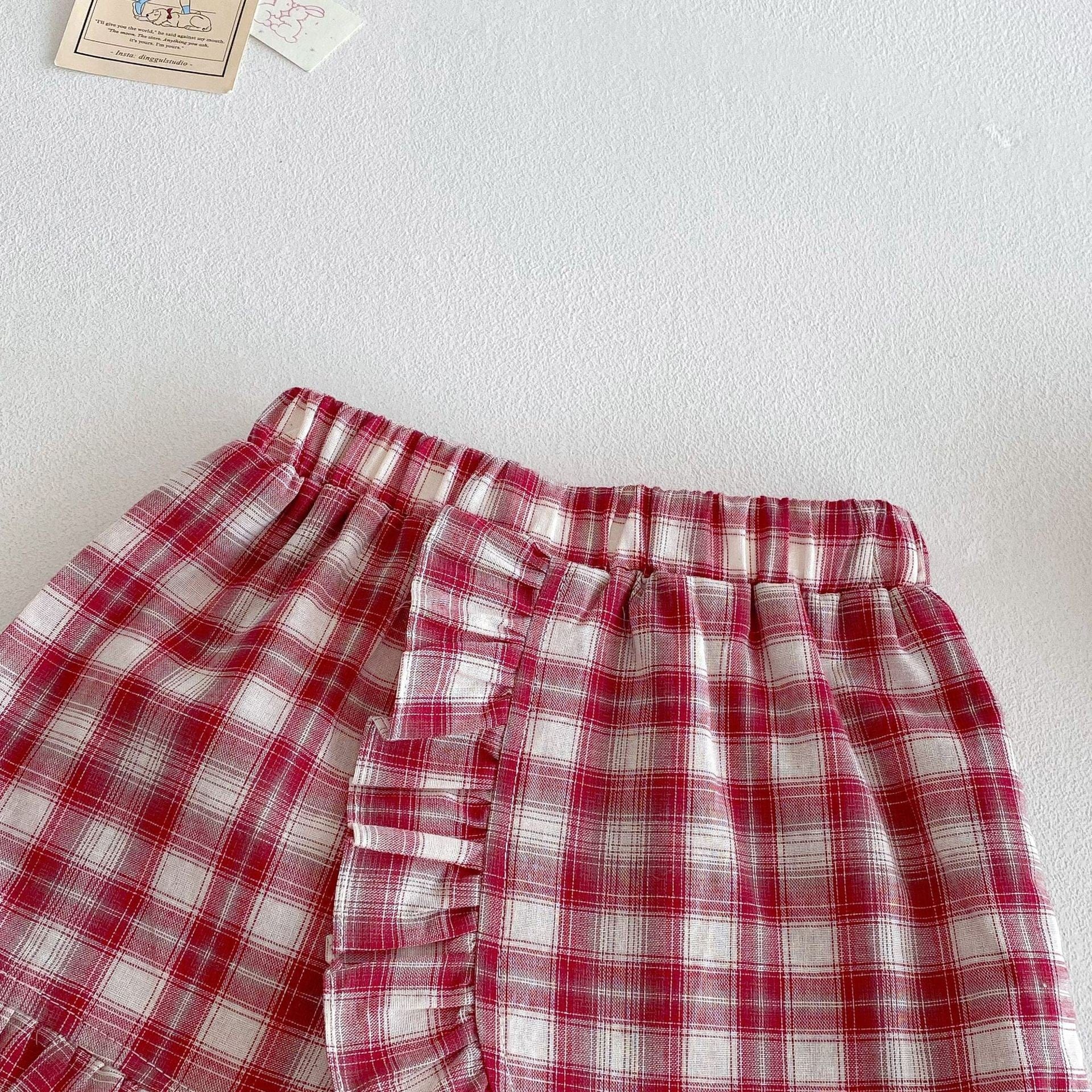 半袖セットアップ バニープリントフリルスリーブTシャツ/チェック巻きスカートショートパンツ【mh0010369】