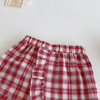 半袖セットアップ バニープリントフリルスリーブTシャツ/チェック巻きスカートショートパンツ【mh0010369】