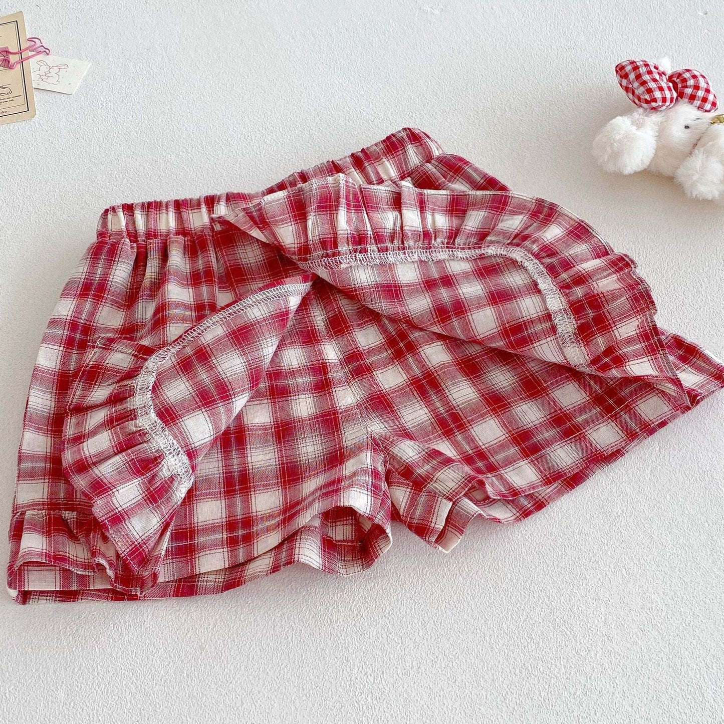 半袖セットアップ バニープリントフリルスリーブTシャツ/チェック巻きスカートショートパンツ【mh0010369】