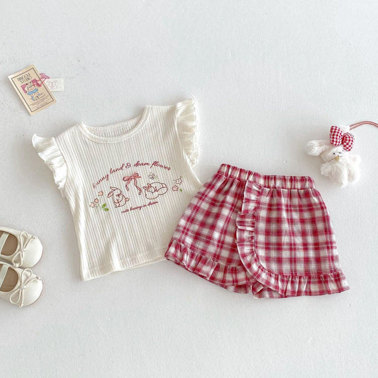 半袖セットアップ バニープリントフリルスリーブTシャツ/チェック巻きスカートショートパンツ【mh0010369】