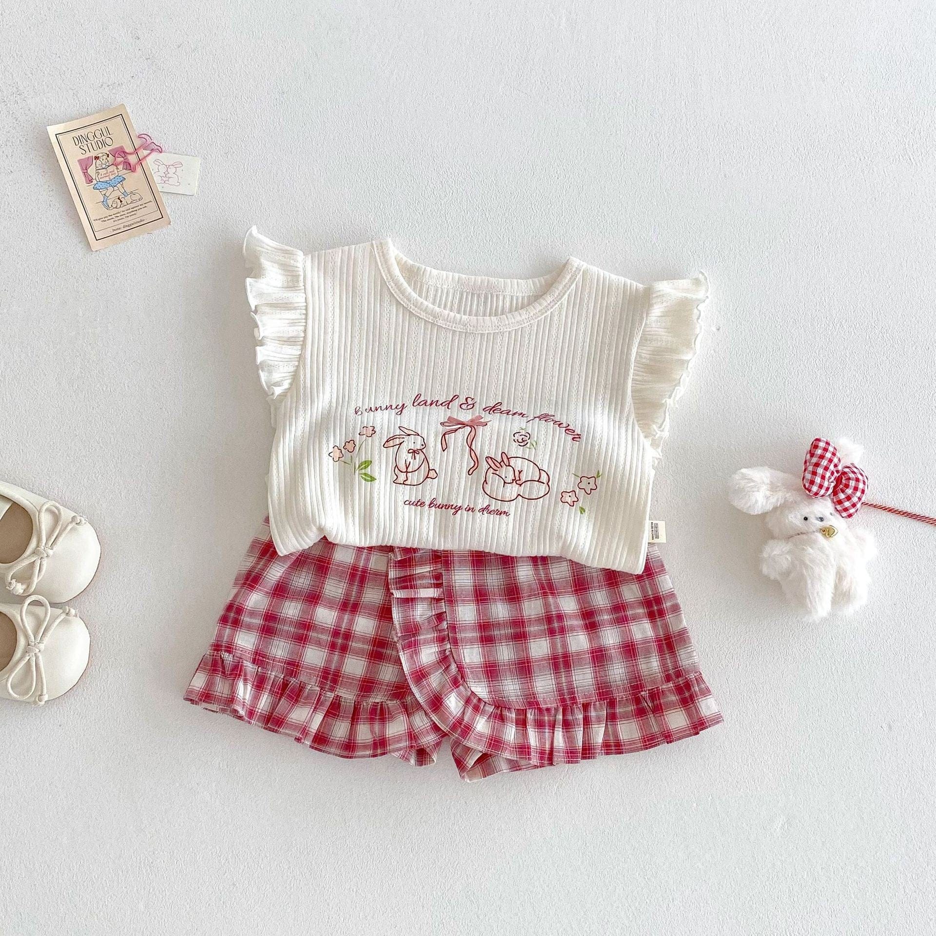 半袖セットアップ バニープリントフリルスリーブTシャツ/チェック巻きスカートショートパンツ【mh0010369】