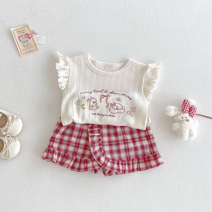 半袖セットアップ バニープリントフリルスリーブTシャツ/チェック巻きスカートショートパンツ【mh0010369】