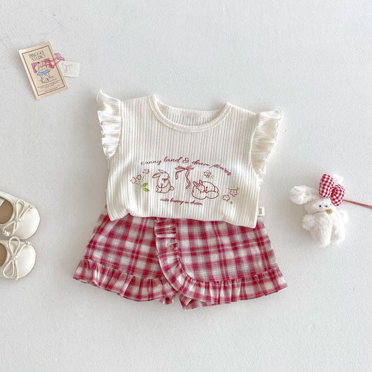 半袖セットアップ バニープリントフリルスリーブTシャツ/チェック巻きスカートショートパンツ【mh0010369】