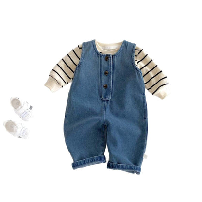 長袖セットアップ ノースリーブデニムジャンプスーツ/長袖ボーダーTシャツ【mh0010925】