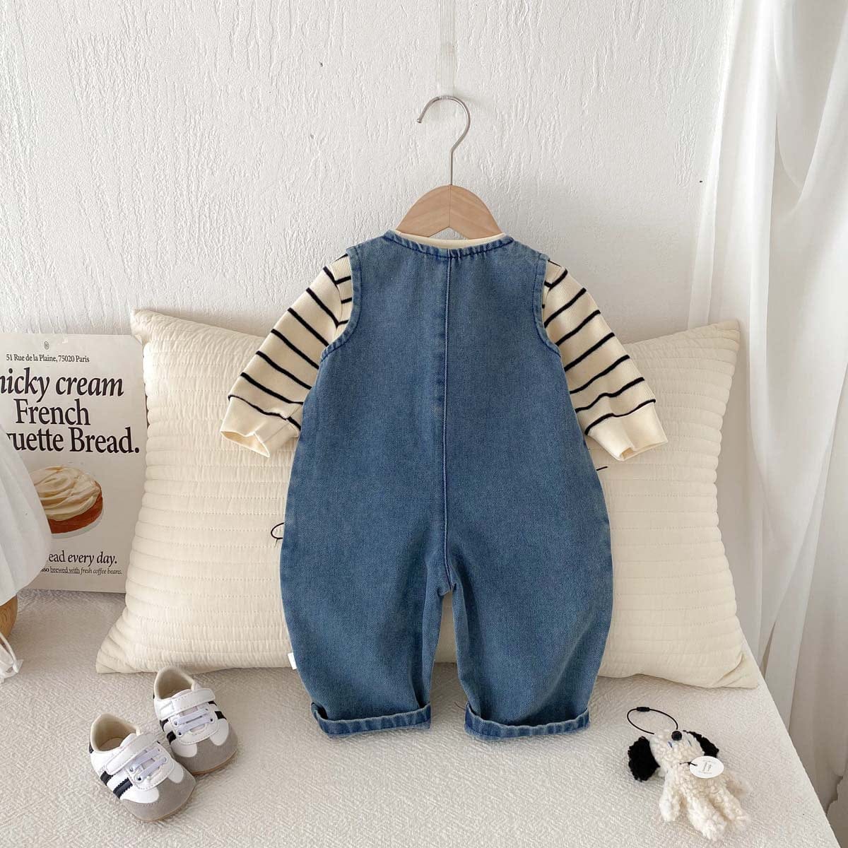 長袖セットアップ ノースリーブデニムジャンプスーツ/長袖ボーダーTシャツ【mh0010925】